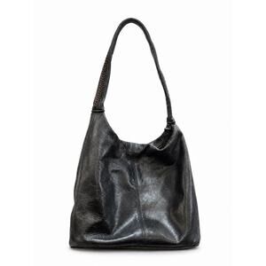 Sigrid Olsen Black Leather Shoulder Bag Slouchy Y2K Zip Closure Brown Thread Vtg